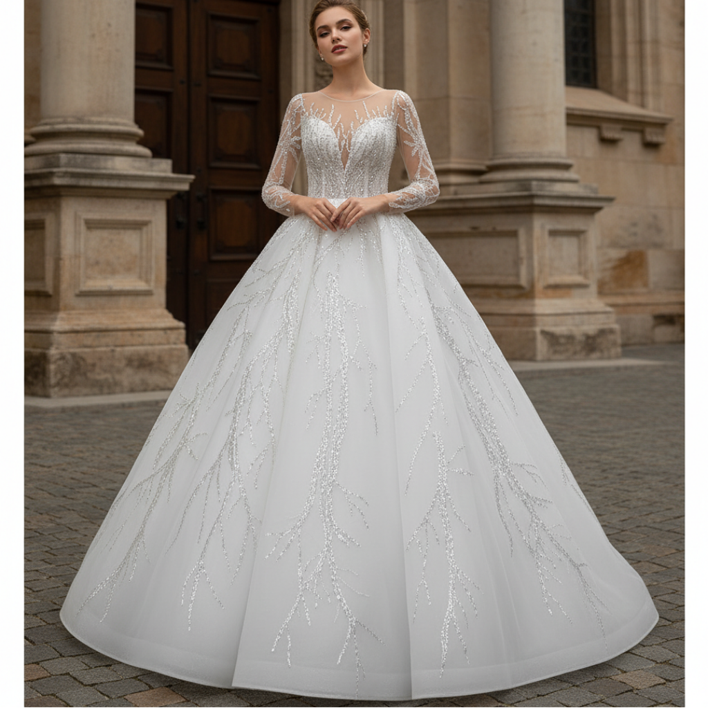 Beaded Sparkly Arabric Wedding Dress with Long Sleeve Ball Gown White / 28W Beaded Sparkly Arabric Wedding Dress with Long Sleeve Ball Gown White / 28W