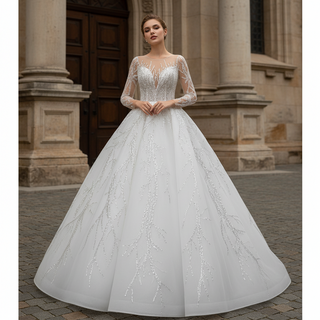 Beaded Sparkly Arabric Wedding Dress with Long Sleeve Ball Gown