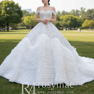 Luxury Beaded Ruffled Puffy Ball Gown Wedding Dress with Off the Shoulder