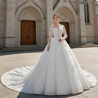 Tulle V-neck Long Sleeve Beading Wedding Dress Ball Gown