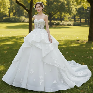 Strapless Wedding Gown Lace Appliqued Ruffle Wedding Dress