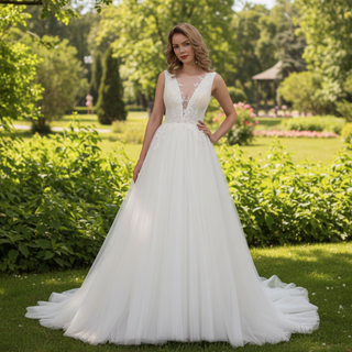 Sheer Plunging Deep V Neck A-line Tulle Wedding Dress Open Back