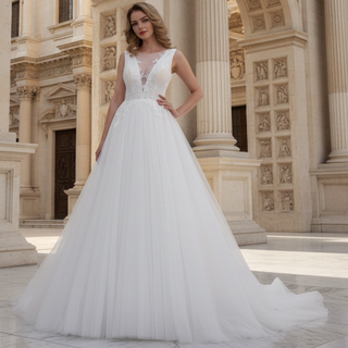 Sheer Plunging Deep V Neck A-line Tulle Wedding Dress Open Back