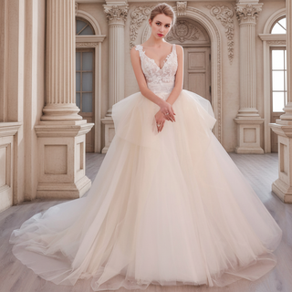 Tulle Tank V-Neck Ball Gown Wedding Dress With Layered Skirt