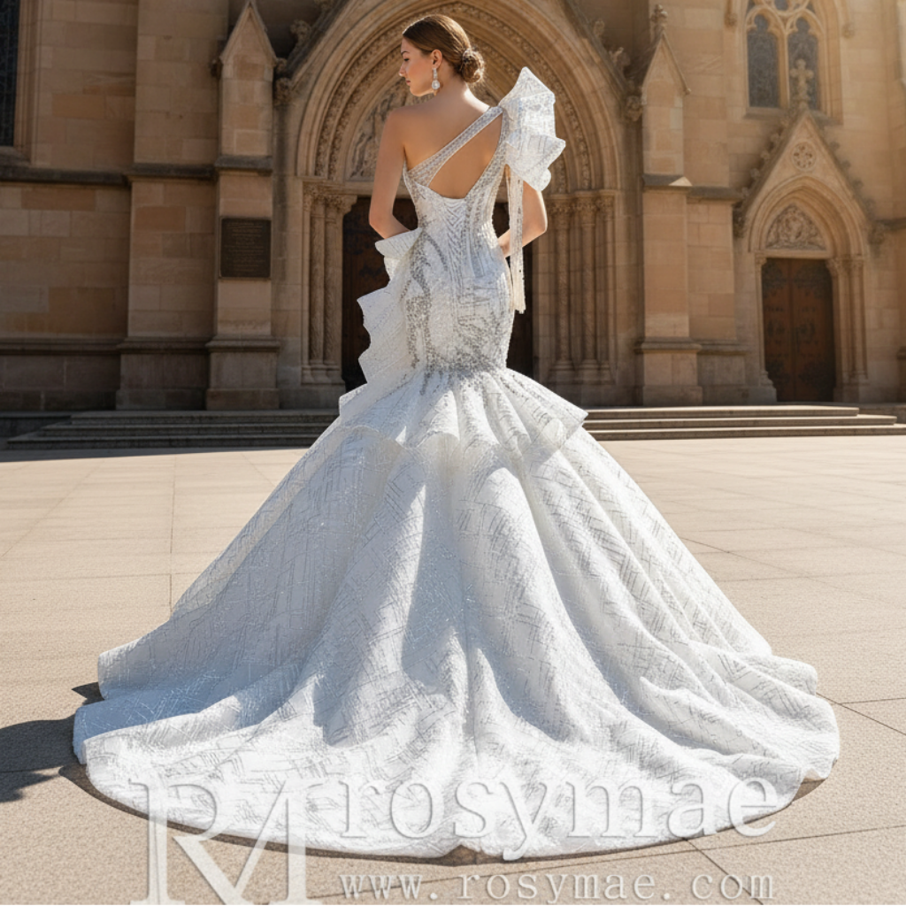 Luxury Beaded Mermaid Wedding Dress with One Shoulder Long Sleeve White / 28W Luxury Beaded Mermaid Wedding Dress with One Shoulder Long Sleeve White / 28W
