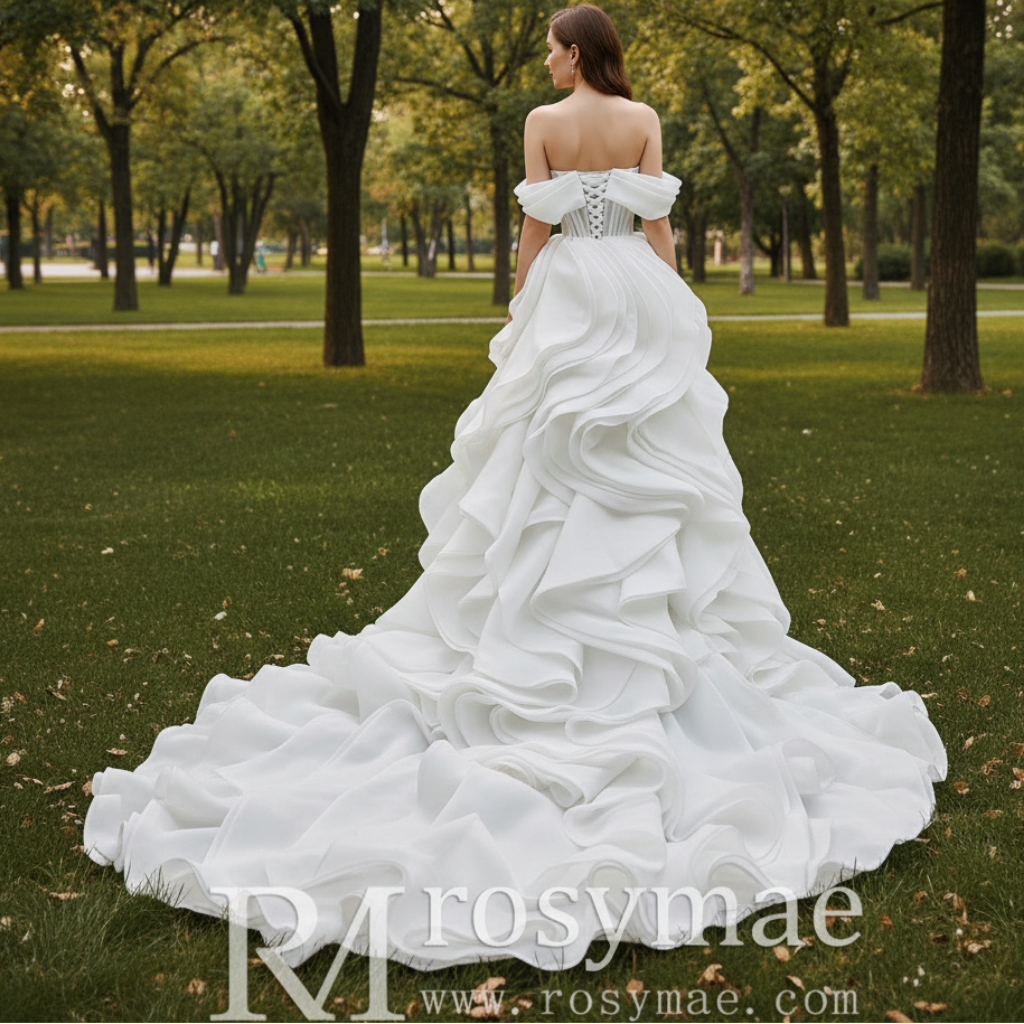 Off the Shoulder Layered Ruffle Wedding Dress with Sheer Bodice – Rosymae Off the Shoulder Layered Ruffle Wedding Dress with Sheer Bodice – Rosymae