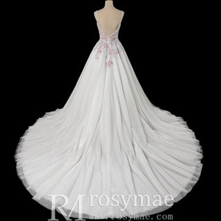 Glamorous Colorful Floral Appliqué A-Line Backless Wedding Dress with V-Neck
