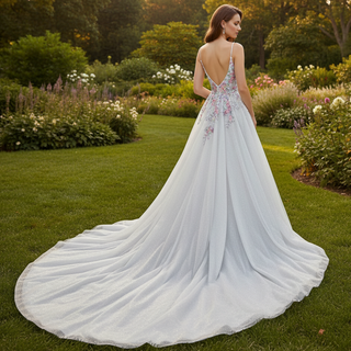 Glamorous Colorful Floral Appliqué A-Line Backless Wedding Dress with V-Neck