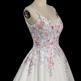 Glamorous Colorful Floral Appliqué A-Line Backless Wedding Dress with V-Neck