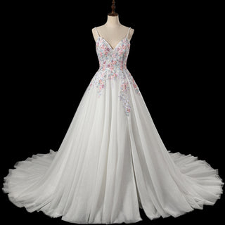 Glamorous Colorful Floral Appliqué A-Line Backless Wedding Dress with V-Neck