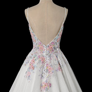 Glamorous Colorful Floral Appliqué A-Line Backless Wedding Dress with V-Neck
