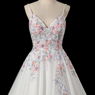 Glamorous Colorful Floral Appliqué A-Line Backless Wedding Dress with V-Neck