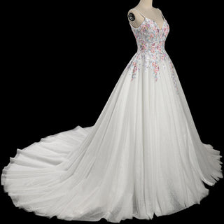 Glamorous Colorful Floral Appliqué A-Line Backless Wedding Dress with V-Neck