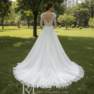 Classic A-Line Wedding Dress with V-Neckline Delicate Cap Sleeves & Layered Tulle Skirt
