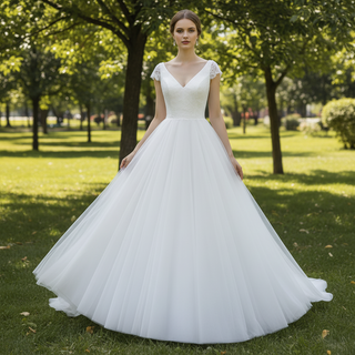 Classic A-Line Wedding Dress with V-Neckline Delicate Cap Sleeves & Layered Tulle Skirt