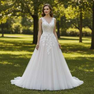 A-Line Blush Wedding Dress with White Tulle Lace Appliqués and Deep V-Back