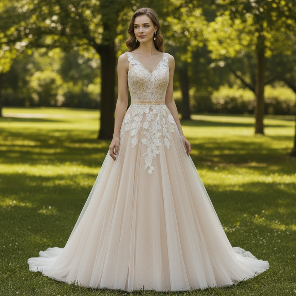 A-Line Blush Wedding Dress with White Tulle Lace Appliqus and Deep V-Back Champagne / 18 A-Line Blush Wedding Dress with White Tulle Lace Appliqus and Deep V-Back Champagne / 18