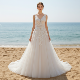 A-Line Blush Wedding Dress with White Tulle Lace Appliqués and Deep V-Back