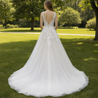 A-Line Blush Wedding Dress with White Tulle Lace Appliqués and Deep V-Back