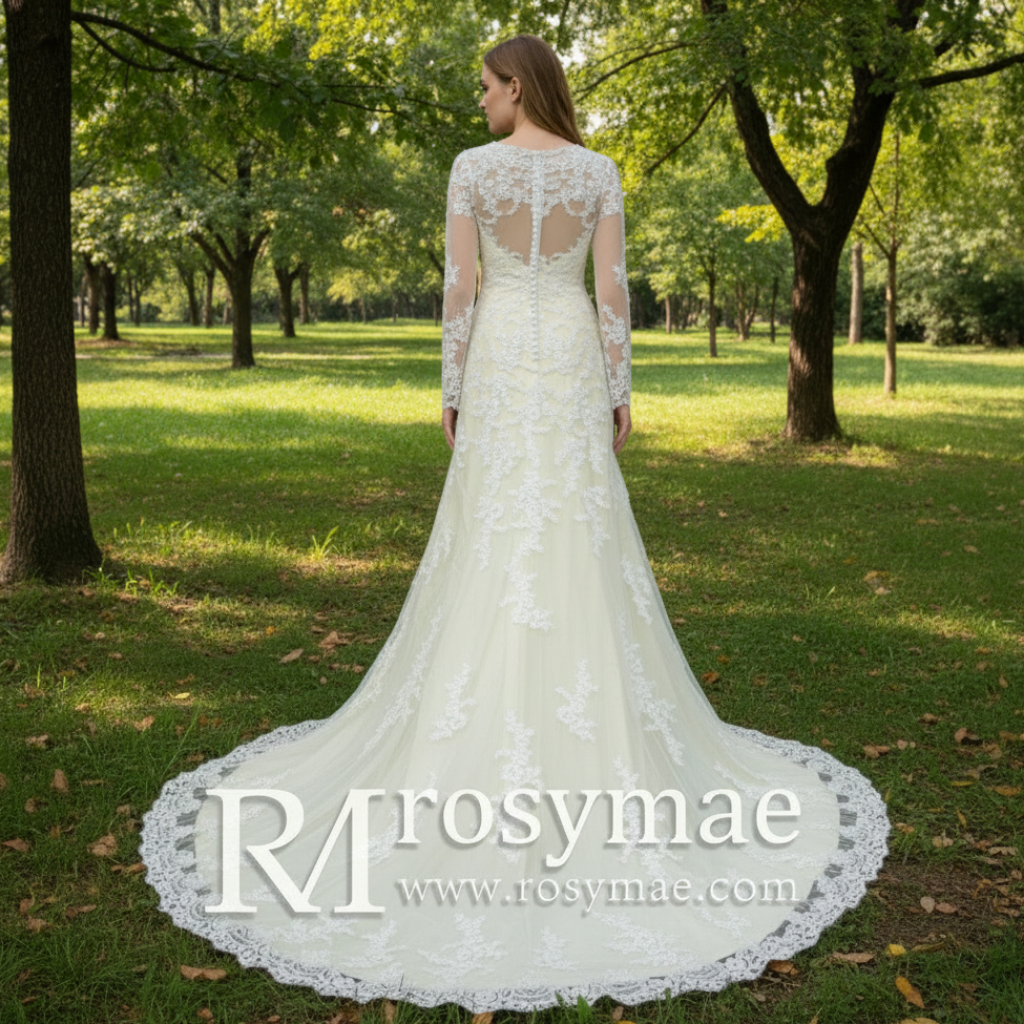 Elegant Cream Long Sleeve A Line V-Neck Lace Wedding Dresses Rosymae Elegant Cream Long Sleeve A Line V-Neck Lace Wedding Dresses Rosymae