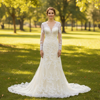 Elegant Cream Long Sleeve A Line V-Neck Lace Wedding Dresses