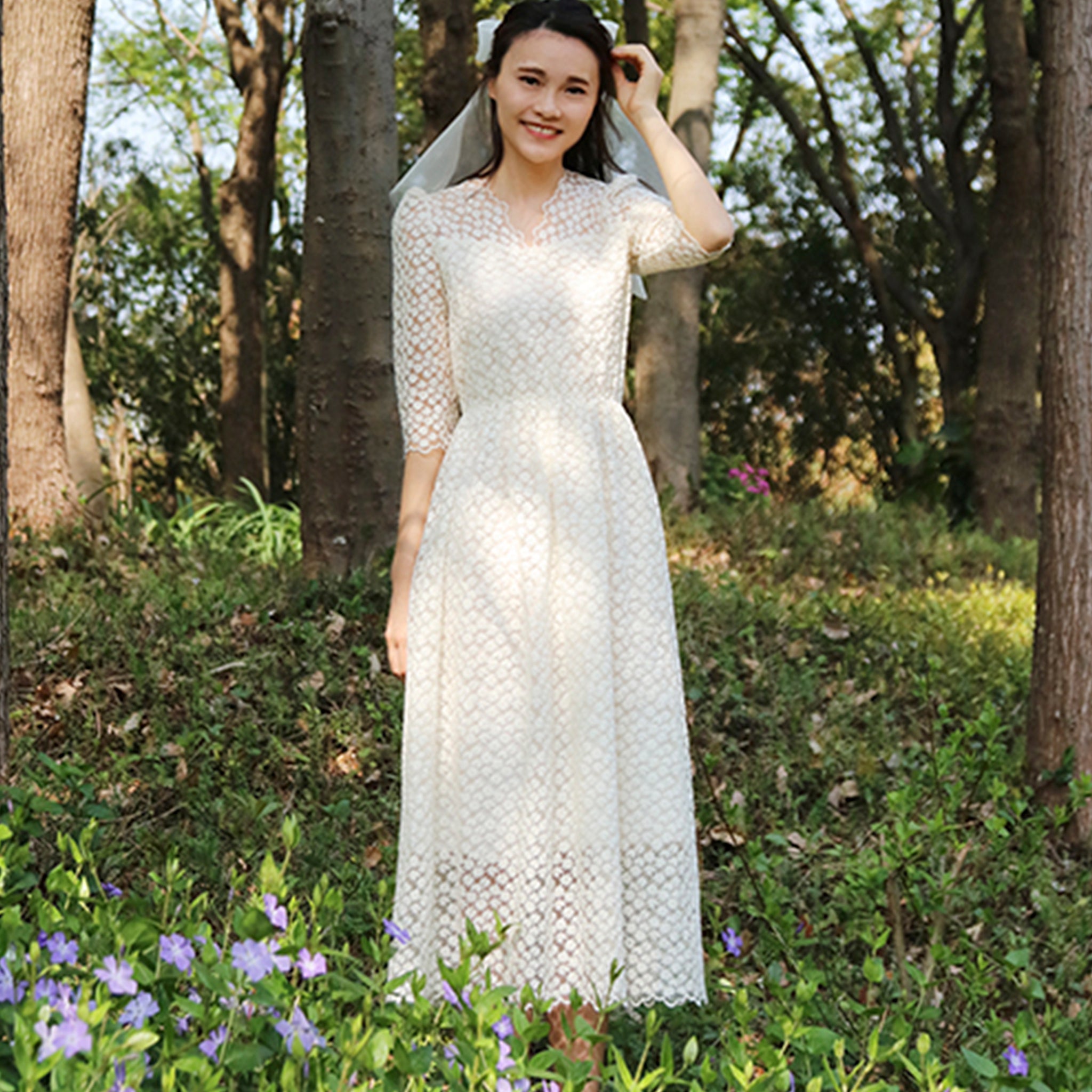 Elegant All Over Retro Lace A Line Tea Length Wedding Dress with 3/4 Sleeves Cream / 8 Elegant All Over Retro Lace A Line Tea Length Wedding Dress with 3/4 Sleeves Cream / 8