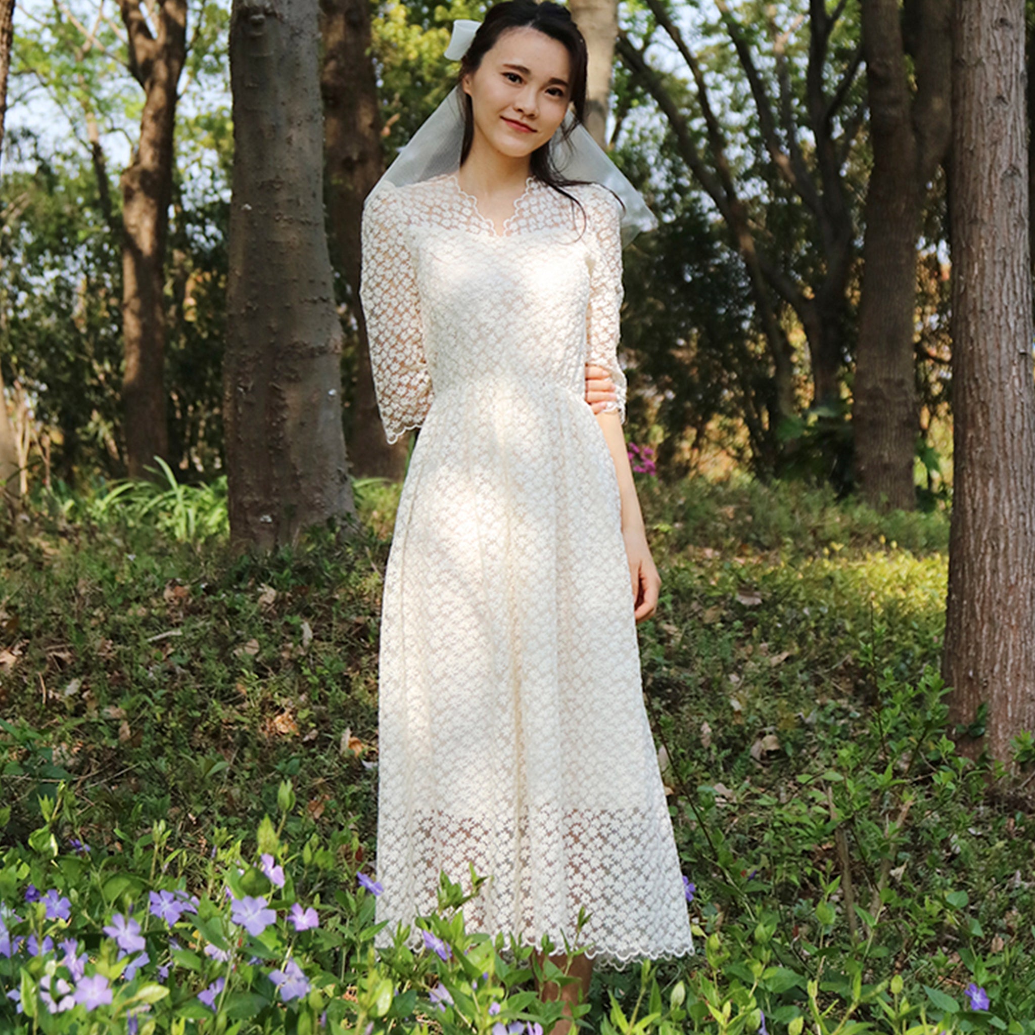 Elegant All Over Retro Lace A Line Tea Length Wedding Dress with 3/4 Sleeves Cream / 8 Elegant All Over Retro Lace A Line Tea Length Wedding Dress with 3/4 Sleeves Cream / 8