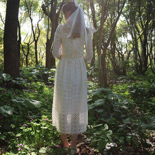 Elegant All Over Retro Lace A Line Tea Length Wedding Dress with 3/4 Sleeves