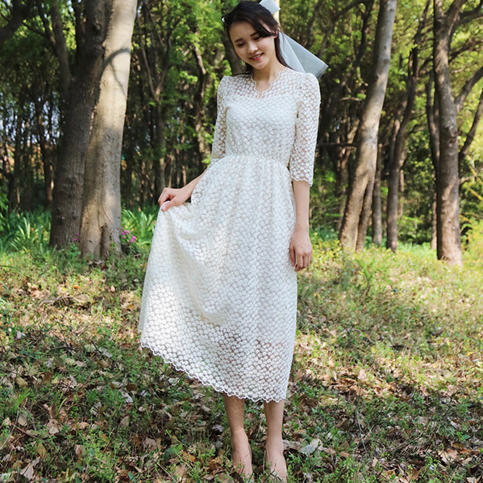 Elegant All Over Retro Lace A Line Tea Length Wedding Dress with 3/4 Sleeves Cream / 8 Elegant All Over Retro Lace A Line Tea Length Wedding Dress with 3/4 Sleeves Cream / 8