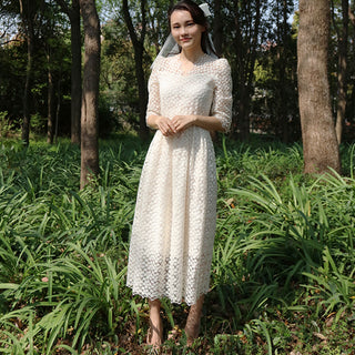 Elegant All Over Retro Lace A Line Tea Length Wedding Dress with 3/4 Sleeves
