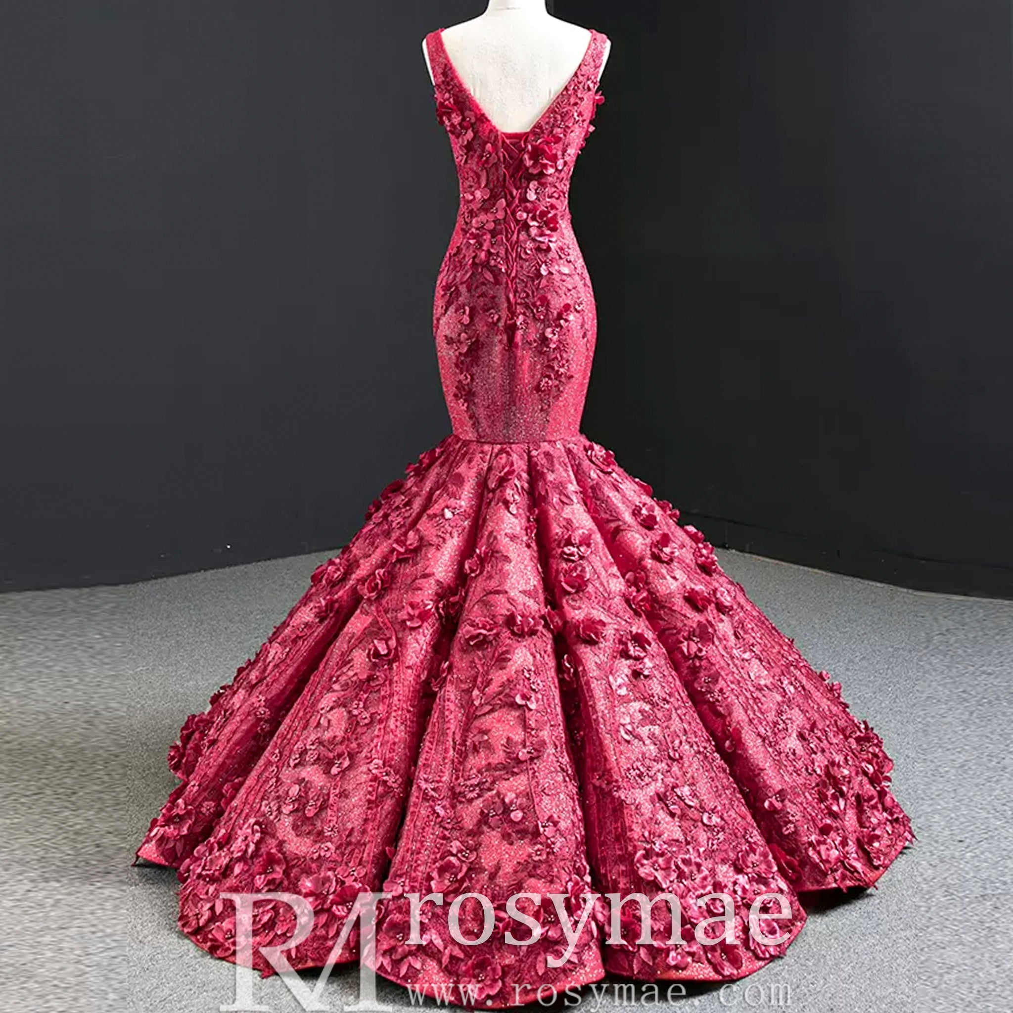 Deep V 3D Floral Burgundy Trumpet Evening Dress Prom Gown Burgundy / 24W Deep V 3D Floral Burgundy Trumpet Evening Dress Prom Gown Burgundy / 24W
