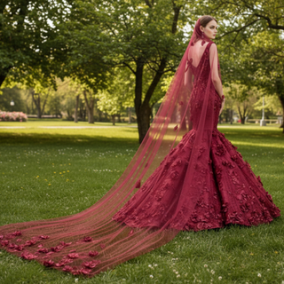 Deep V 3D Floral Burgundy Trumpet Evening Dress Prom Gown