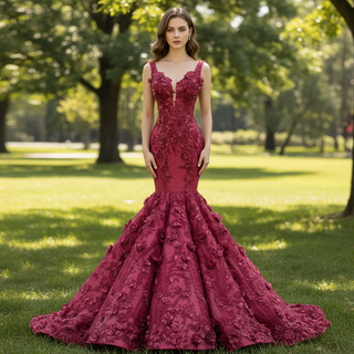 Deep V 3D Floral Burgundy Trumpet Evening Dress Prom Gown