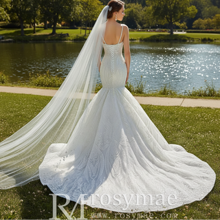 Elegant Mermaid Wedding Dress Beading Pearls with Spaghetti Straps