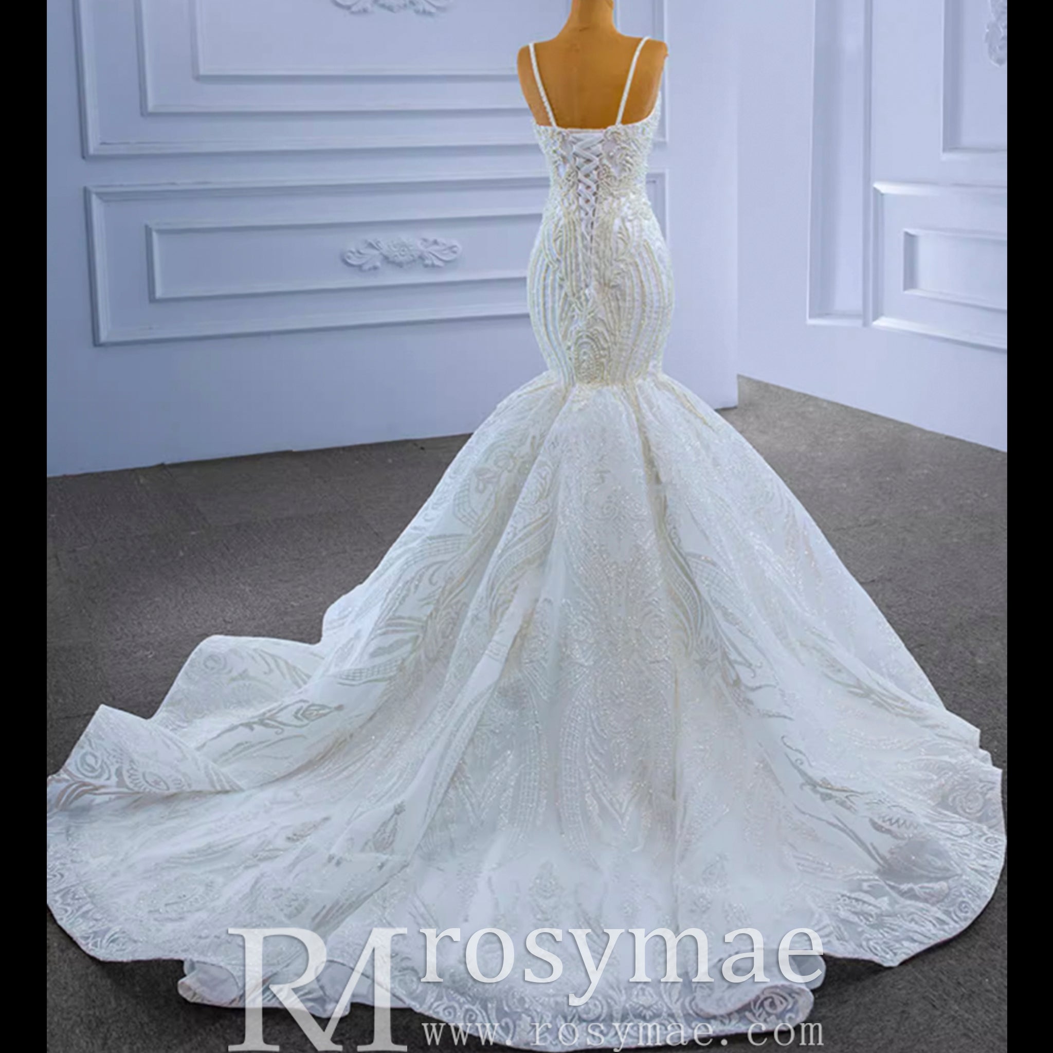 Elegant Mermaid Wedding Dress Beading Pearls with Spaghetti Straps Rosymae Elegant Mermaid Wedding Dress Beading Pearls with Spaghetti Straps Rosymae
