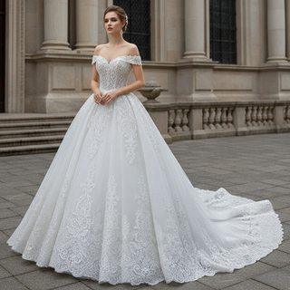Off the Shoulder Ball Gown Lace Wedding Dress with Long Train