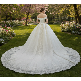 Off the Shoulder Ball Gown Lace Wedding Dress with Long Train