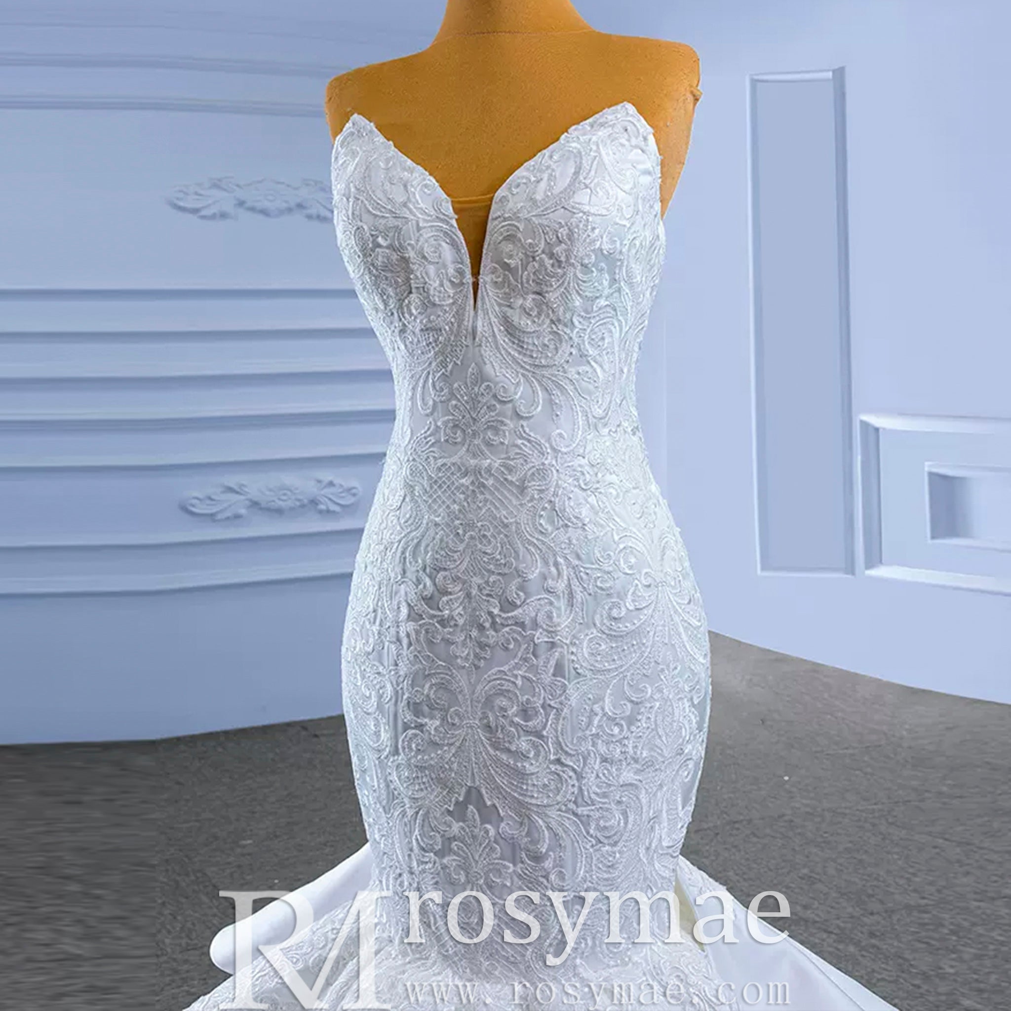 High-end Trumpet Wedding Dress Strapless Lace Appliqued Wedding Gown White / 18W High-end Trumpet Wedding Dress Strapless Lace Appliqued Wedding Gown White / 18W