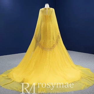 Mermaid Tulle Sequins Spaghetti Straps Prom Dress With Cape