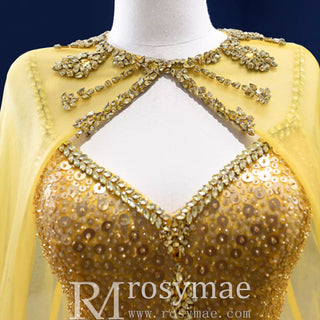 Mermaid Tulle Sequins Spaghetti Straps Prom Dress With Cape