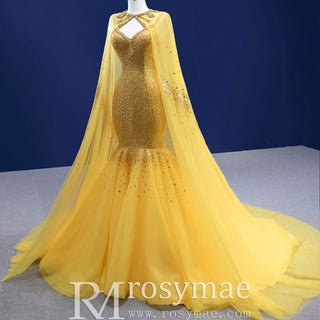 Mermaid Tulle Sequins Spaghetti Straps Prom Dress With Cape