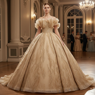 Gorgeous Champagne Gold Glitter Sequins Prom Dress with Off the Shoulder