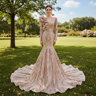 Sparkly Unique Sequins Long Sleeve Mermaid Prom Dress