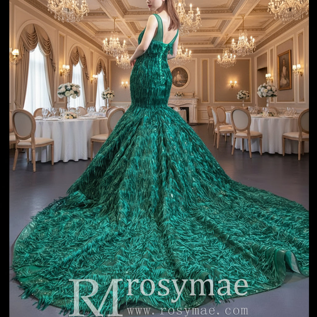 Sheer Sweetheart Mermaid Sequins Prom Dress With Tassel Emerald Green / 16W Sheer Sweetheart Mermaid Sequins Prom Dress With Tassel Emerald Green / 16W