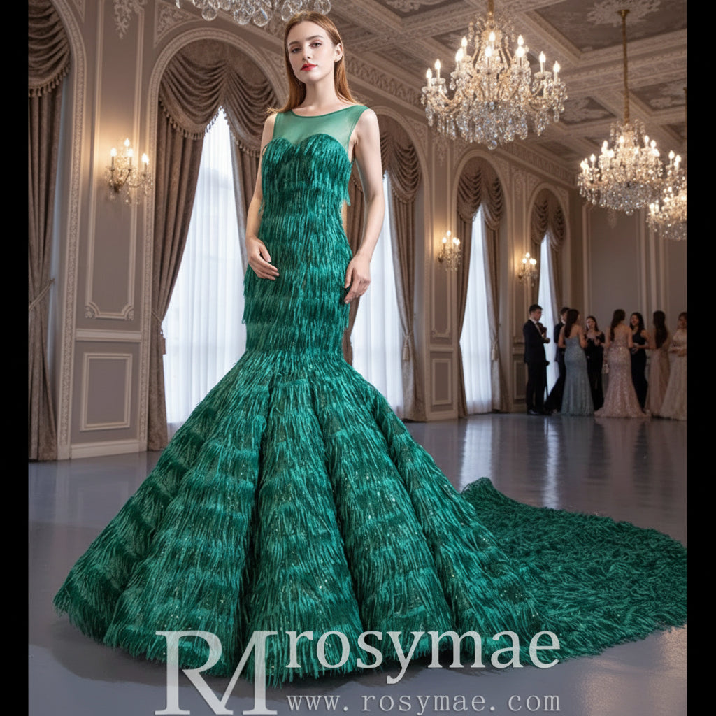 Sheer Sweetheart Mermaid Sequins Prom Dress With Tassel Emerald Green / 16W Sheer Sweetheart Mermaid Sequins Prom Dress With Tassel Emerald Green / 16W