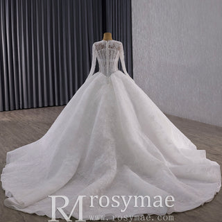 Basque Waist Lace Wedding Dress with Illusion Bodice & Voluminous Tulle Skirt