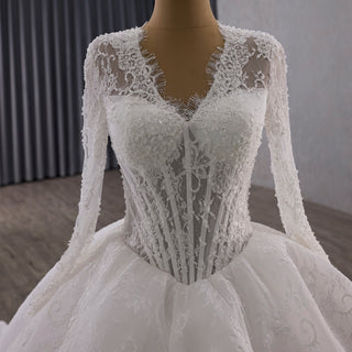 Basque Waist Lace Wedding Dress with Illusion Bodice & Voluminous Tulle Skirt