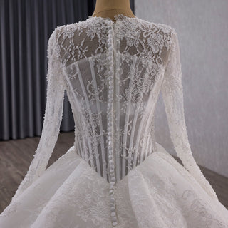 Basque Waist Lace Wedding Dress with Illusion Bodice & Voluminous Tulle Skirt