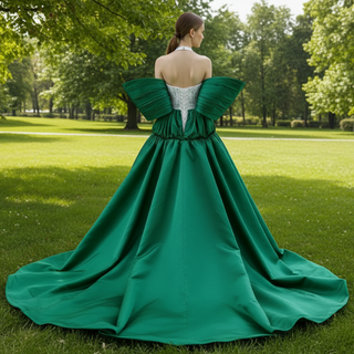 V-neck Halter Green Satin Mermaid Wedding Dress Formal Gown