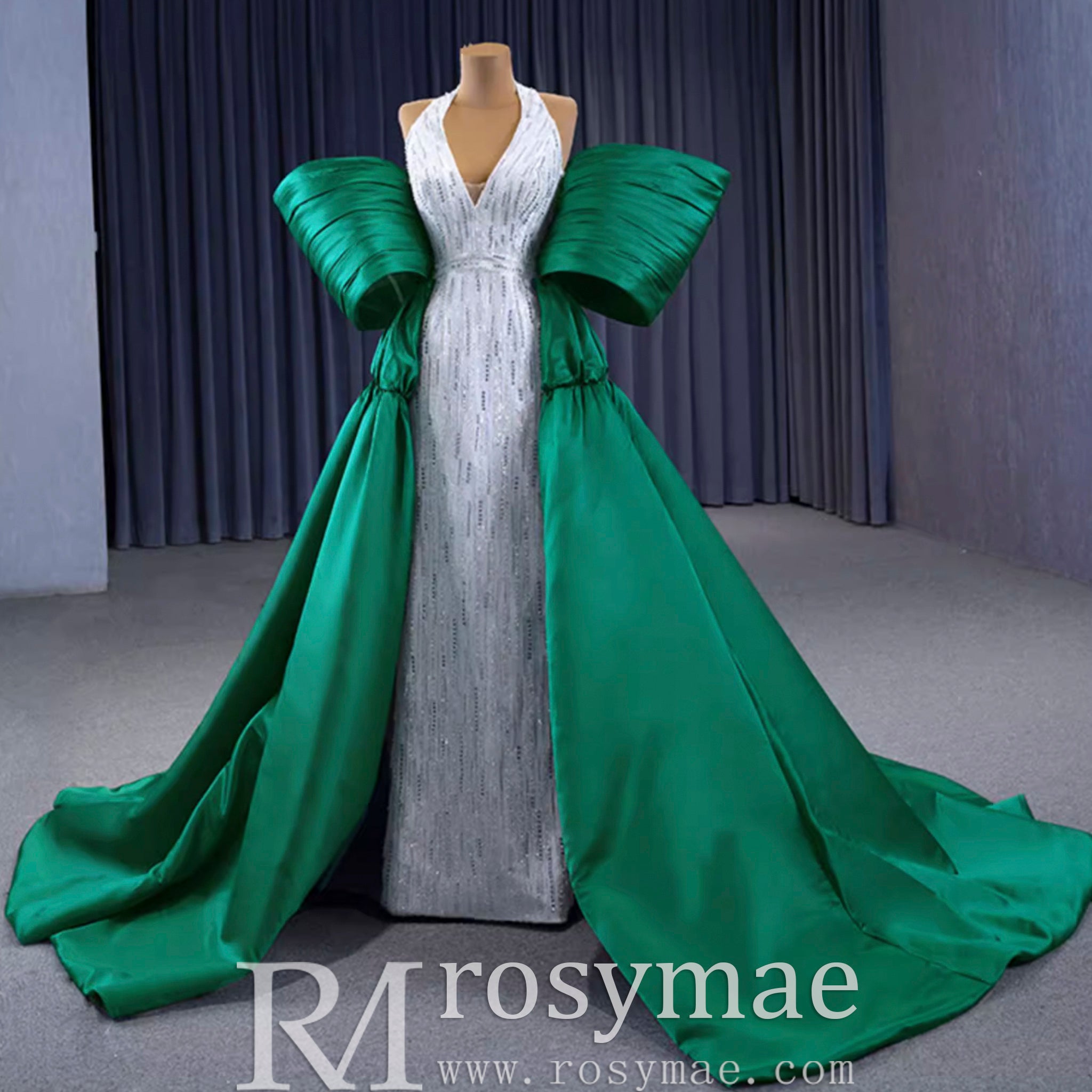 V-neck Halter Green Satin Mermaid Wedding Dress Formal Gown Custom Colors / 10 V-neck Halter Green Satin Mermaid Wedding Dress Formal Gown Custom Colors / 10